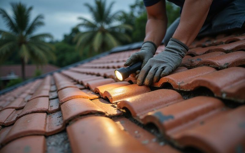 Close up inspection of roof tiles checking for cracks and damage before monsoon