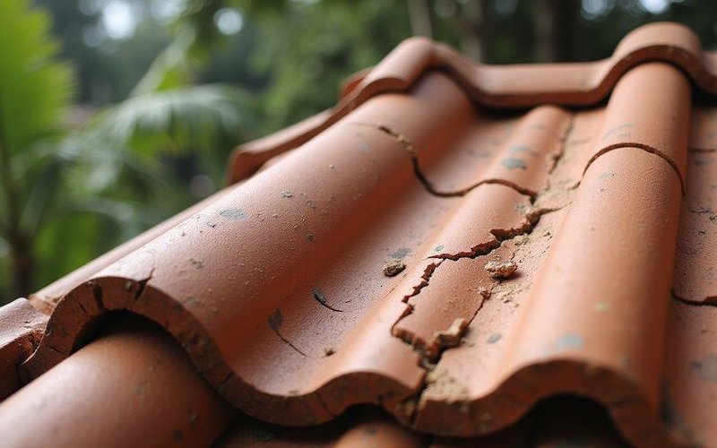 Cracked clay roof tile on Malaysian home showing typical damage that leads to water infiltration