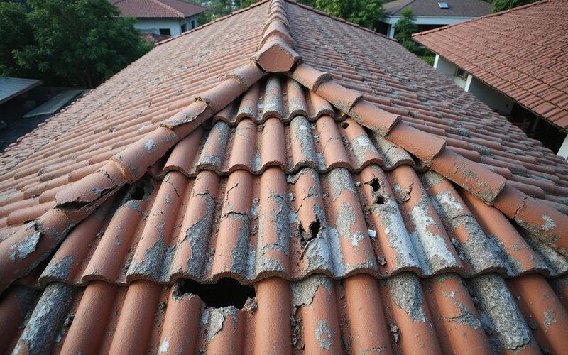 Extensive tile damage across roof surface showing widespread deterioration requiring replacement