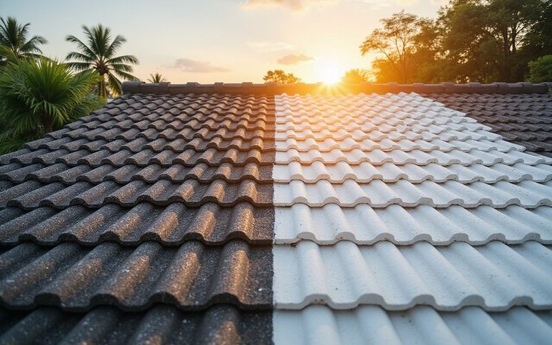 Heat reflective roof coating being applied showing before and after temperature difference