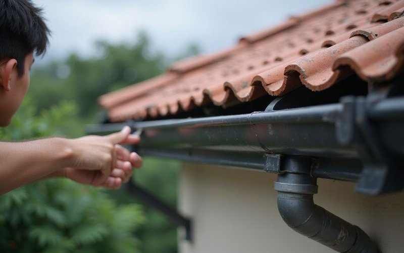 Homeowner inspecting roof tiles and gutters before monsoon season in Malaysia