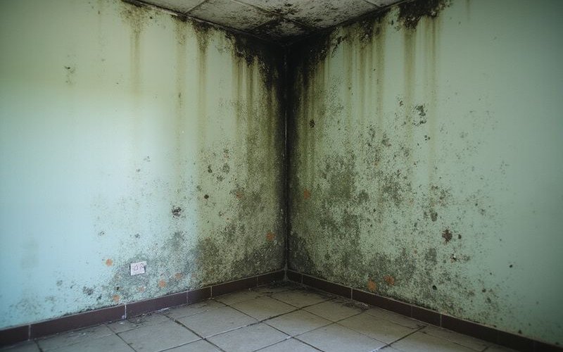 Mold growth in corner of room near ceiling where roof leak has caused persistent dampness