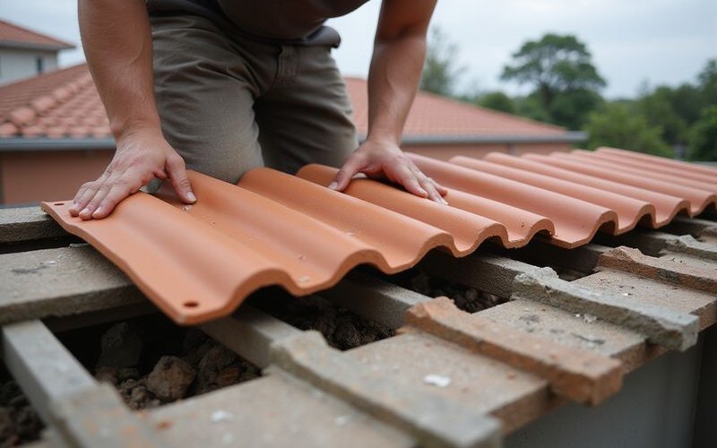 Professional roofing crew installing new clay tiles on Malaysian residential home