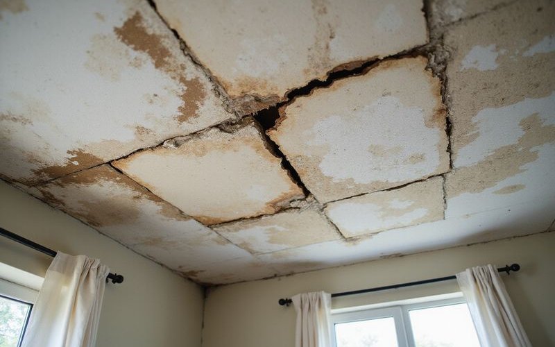 Severe water damage to interior ceiling from chronic roof leaks indicating need for full replacement