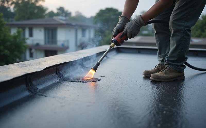 Torch on membrane waterproofing being applied to flat concrete roof with propane torch