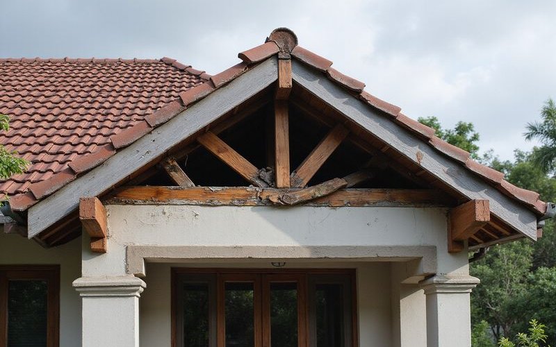 Visible sagging section of residential roof indicating structural damage from water absorption