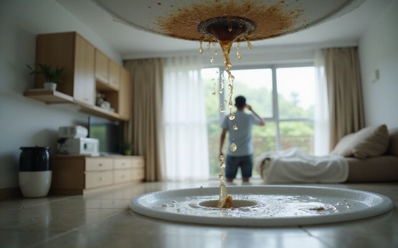 Water actively dripping from ceiling during rain indicating need for immediate professional roof repair