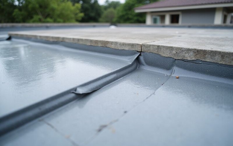 Professional waterproofing membrane creating complete water barrier on flat concrete roof
