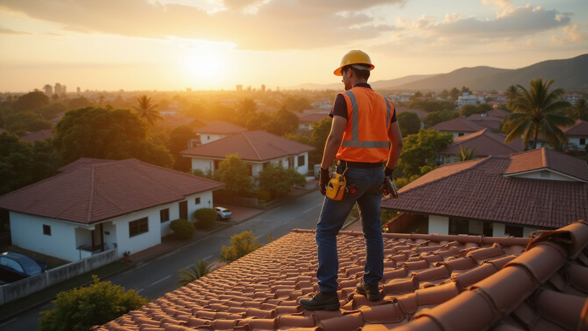 Professional roofing contractor inspecting residential roof tiles in Malaysia